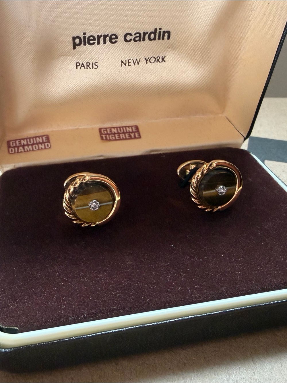 Vintage Pierre Cardin Gold and Brown Tiger's Eye Cuff Links with Diamond Accent